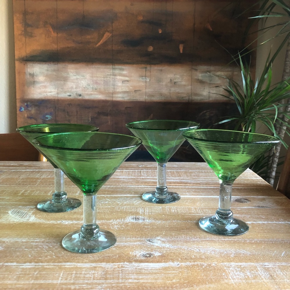 Hand Blown Mexican Green Martini Glasses Set of 4
